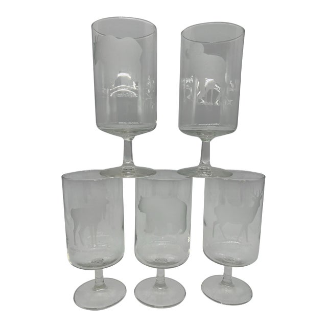 Mid Century Georg Jensen Etched Wildlife Glasses Set of 5 For Sale