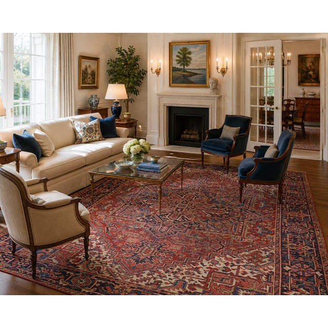 Textile Heriz 1920s Antique Persian Rug W/ Large Geometric Medallion - 11'3" X 8'4" For Sale - Image 7 of 7