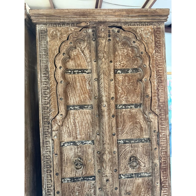 1920s Antique-Inspired Arched Door Cabinet | Tall Limewashed Farmhouse Armoire With Rustic Patina 80x33 For Sale - Image 5 of 6