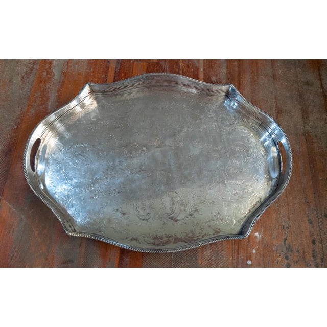 Metal 20th Century English Victorian Style Silverplate Drinks Tray With Gallery For Sale - Image 7 of 13
