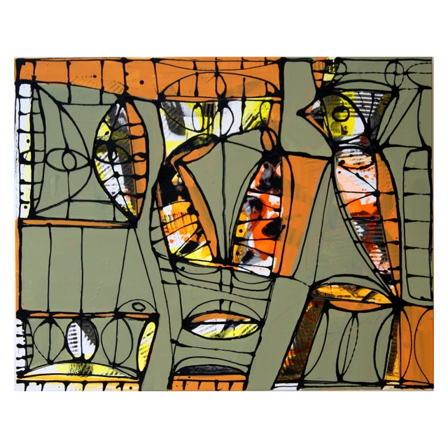 from a fabric of lines, surfaces, shapes and structures, balanced by matte and bright colors, the artist creates...