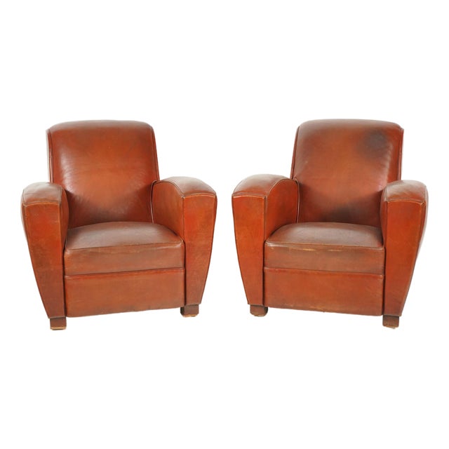Pair of Original French Art Deco Style Leather Club Chairs For Sale