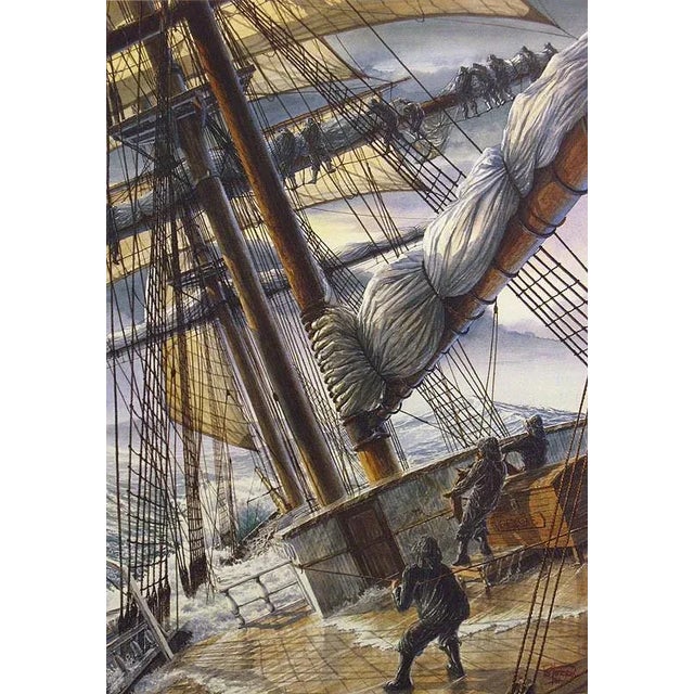 Unframed limited edition offset lithograph of men pulling in the sails of a large sailboat. With original pencil drawing...