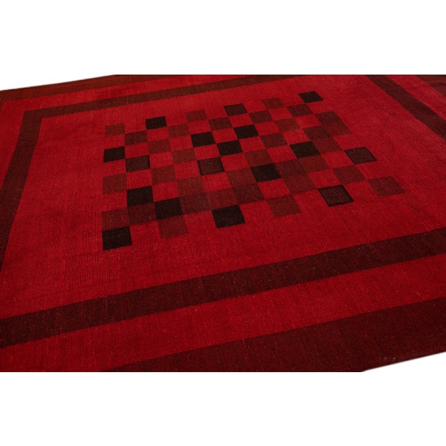 Modern Kilim Flatweave Chess Pattern Red Wool Rug For Sale - Image 9 of 11