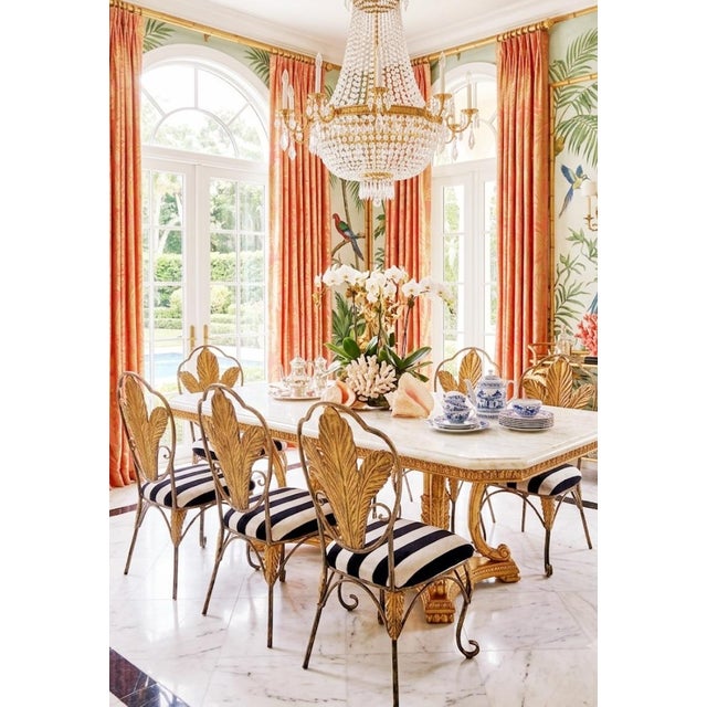 1990s Hollywood Regency Gold Gilt Metal Leaf Back Dining Chairs With Black & Cream Striped Upholstery - Set of 6 For Sale In West Palm - Image 6 of 15