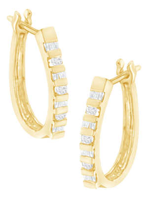 10K Yellow Gold Round and Baguette Cut Diamond Oblong Hinged Leverback Hoop Earrings (¼ Cttw, I-J Color, I2-I3 Clarity)