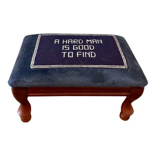Vintage Navy Velvet and Cheeky Needlepoint Footstool For Sale