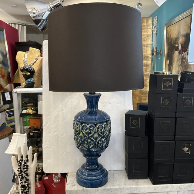 Ceramic Blue Ceramic Openwork Tabletop Lamp With Top and Bottom Light Sources For Sale - Image 7 of 11