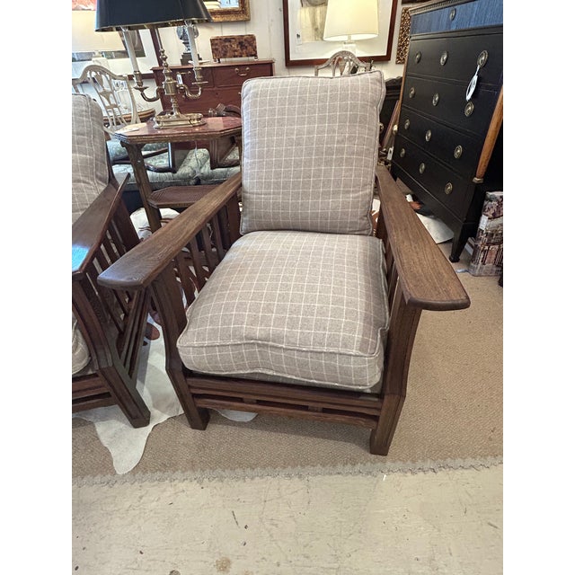 Arts & Crafts Arts & Crafts Morris Style Club Chairs With Grey Flannel Plaid -a Pair For Sale - Image 3 of 11