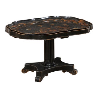 Antique English Chinoiserie Tray-Top Pedestal Coffee Table in Black and Gold For Sale