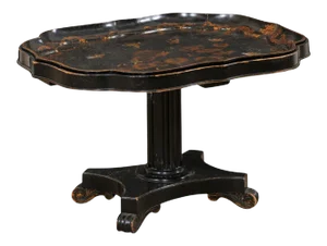 Antique English Chinoiserie Tray-Top Pedestal Coffee Table in Black and Gold