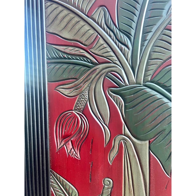 Late 20th Century Three-Panel Asian Screen With Palm Leaf Accent Red on 1 Side Oak on Other For Sale - Image 4 of 10