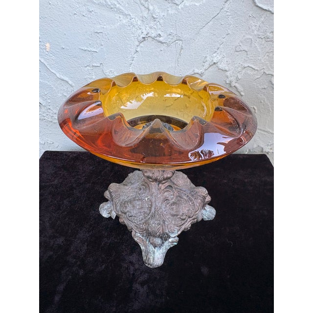 Metal Antique Amber Glass Compote on Ornate Cast Metal Base, C. 1900–1920 For Sale - Image 7 of 10