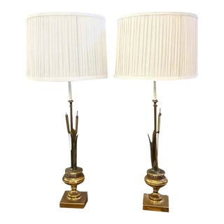 Mid Century, Hollywood Regency Brass Cattail Lamps, Rewired For Sale