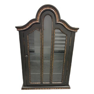 late 20th Century Distressed Black Wood and Glass Wall Mounted Curio Showcase For Sale