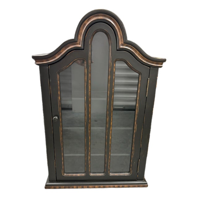 late 20th Century Distressed Black Wood and Glass Wall Mounted Curio Showcase For Sale