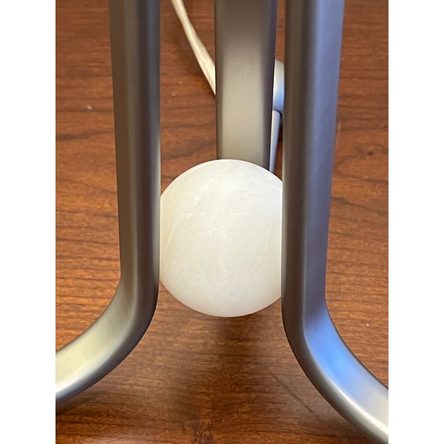 Metal Baker Larimar Table Lamp, Satin Nickel Finish & Alabaster With White Linen Drum Shade For Sale - Image 7 of 18