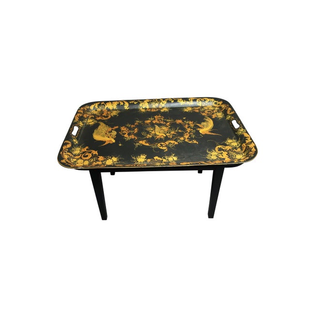 Late 20th Century Gold & Black Handpainted Tole Tray Table For Sale - Image 4 of 5