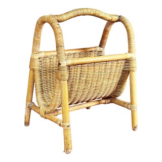 Vintage BoHo Chic Bamboo & Wicker Rattan Magazine Rack For Sale