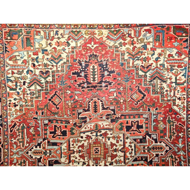 Vintage Persian Heriz Rug, Hand-Knotted Wool, Geometric Medallion Pattern, Red & Navy, 9x11 For Sale - Image 16 of 17