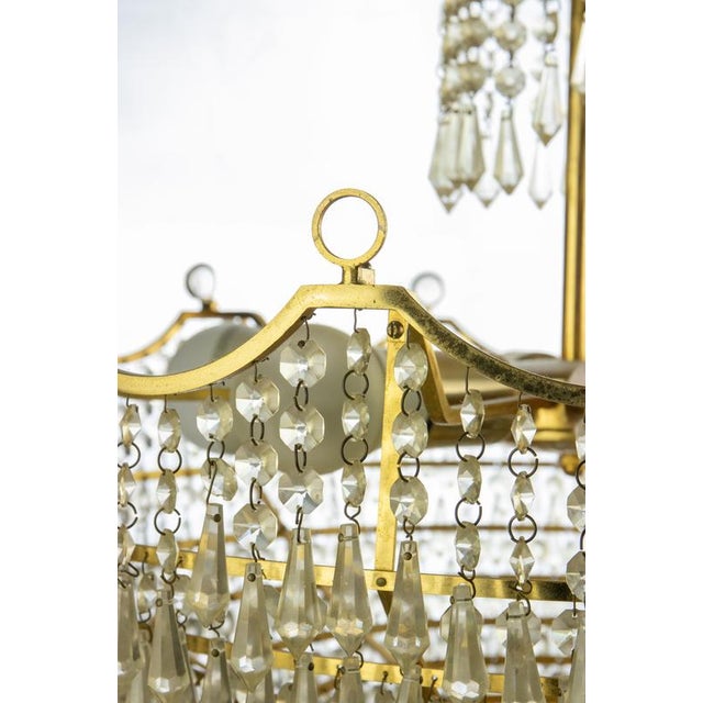 Vintage Gilded Brass and Crystal Drops 6-Light Chandelier, Italy, 1970s For Sale - Image 4 of 5