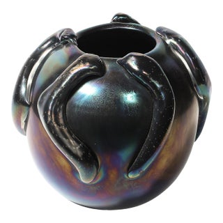 Mid-Century Hand-Blown Murano Iridescent & Black Glass Vase W/ Sculptural Detail For Sale