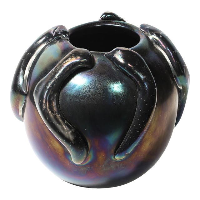 Mid-Century Hand-Blown Murano Iridescent & Black Glass Vase W/ Sculptural Detail For Sale