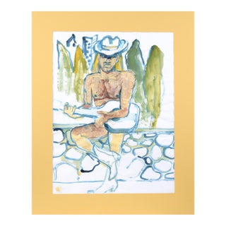 Nude Cowboy and His Guitar - Figurative Abstract on Paper For Sale