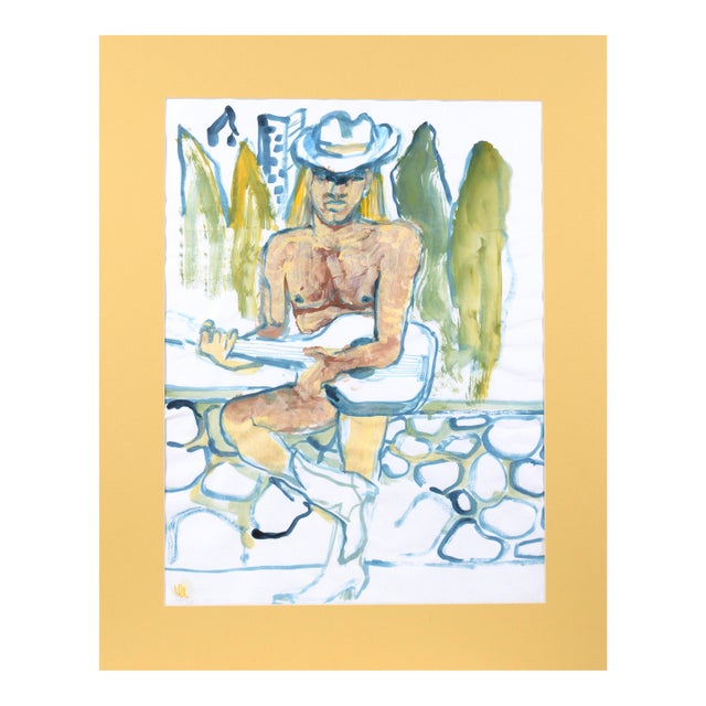Nude Cowboy and His Guitar - Figurative Abstract on Paper For Sale