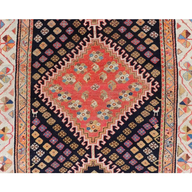 Tribal Antique Persian Tribal Shiraz in Wool With Tribal Medallion Design For Sale - Image 3 of 12