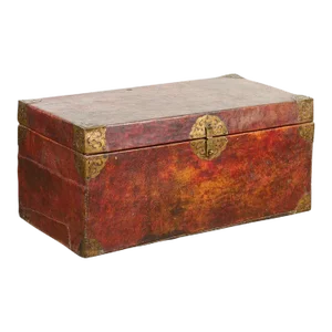 Vintage Chinese Lacquered Leather Blanket Chest with Reddish Brown Patina