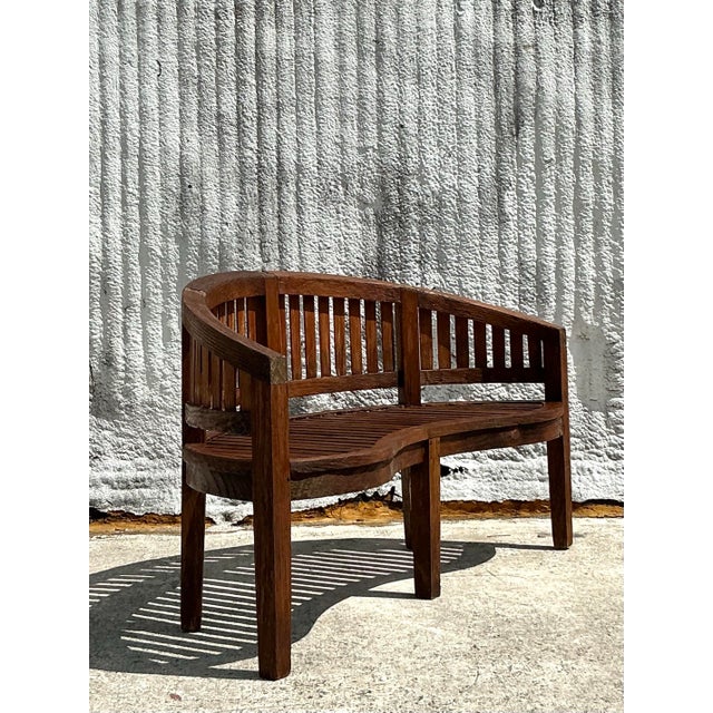 Wood Vintage Boho Curved Teak Bench For Sale - Image 7 of 10
