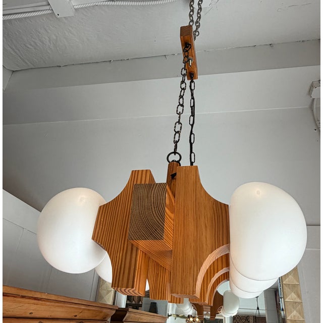 Vintage Scandinavian Pine Chandelier With Frosted Globes For Sale - Image 4 of 6