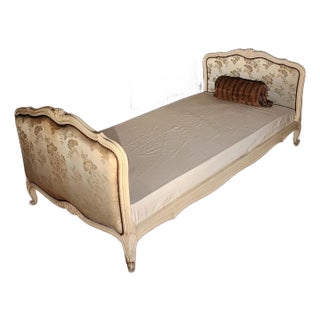 Late 19th Century Antique Daybed, Ivory Painted Floral Carvings With Scroll Feet, Old Jacquard For Sale