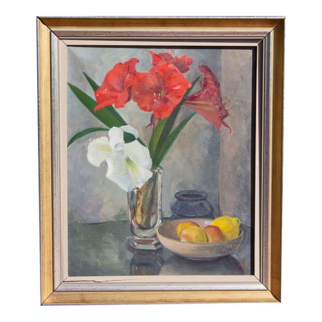 Mid 20th Century Floral Still Life Oil Painting, Framed For Sale