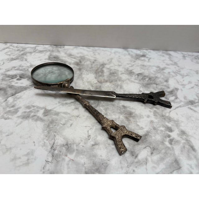 1980s Vintage Eiffel Tower Patterned Pewter Letter Opener and Magnifying Glass, Set of Two For Sale - Image 5 of 10