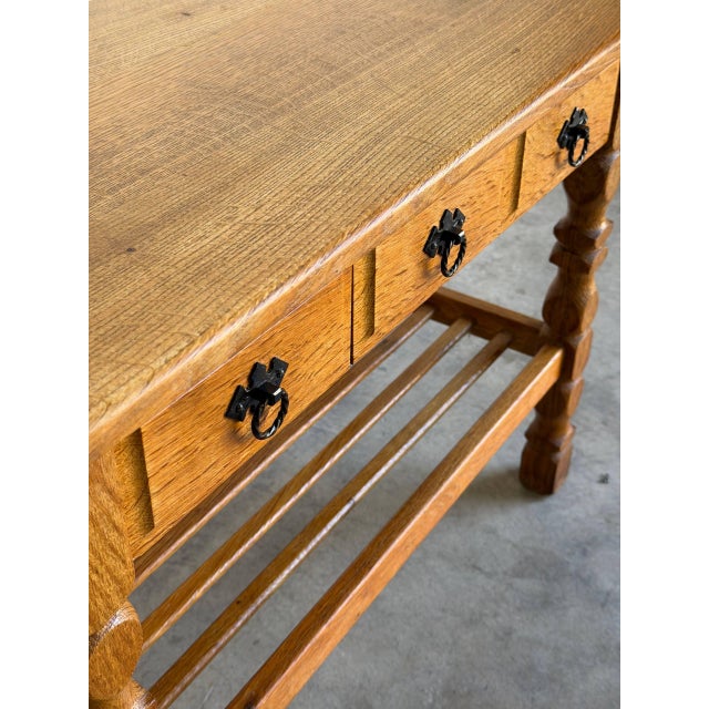 1960s In Style of Henning Kjærnulf Oak Hallway Table With 3 Drawers and Shelf Denmark Mid-Century Modern 1960s For Sale - Image 5 of 9
