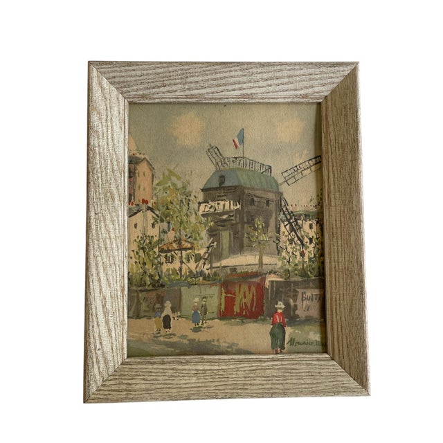 Charming vintage textured print depicting the iconic Moulin de la Galette in Montmartre, Paris, rendered in the style of...