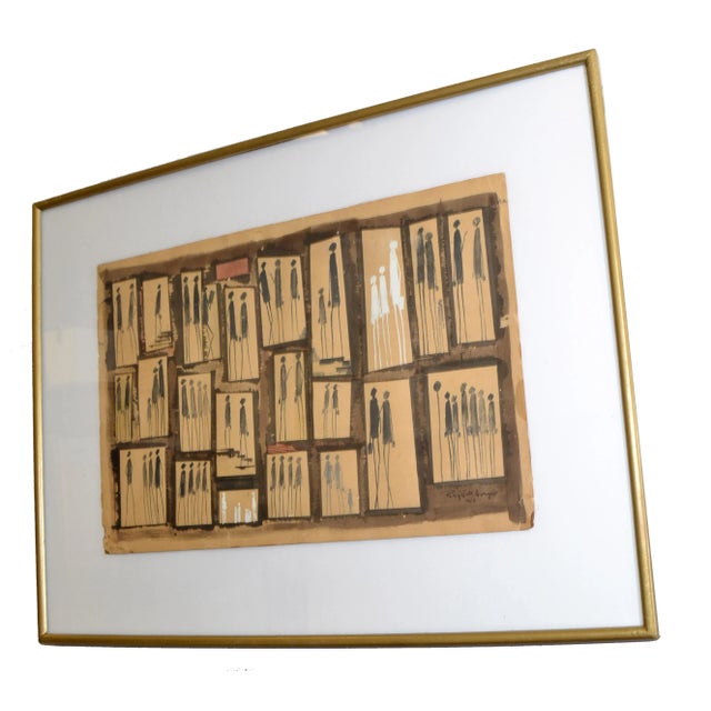 Mid-Century Modern 1969 Aragão Abstract Black & White Watercolor on Board Gilt Frame Stick Figures For Sale - Image 3 of 13