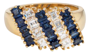 1980s Carre Cut Diamond Sapphire Ring Vintage 14k Yellow Gold Estate Fine Jewelry Size 6.5