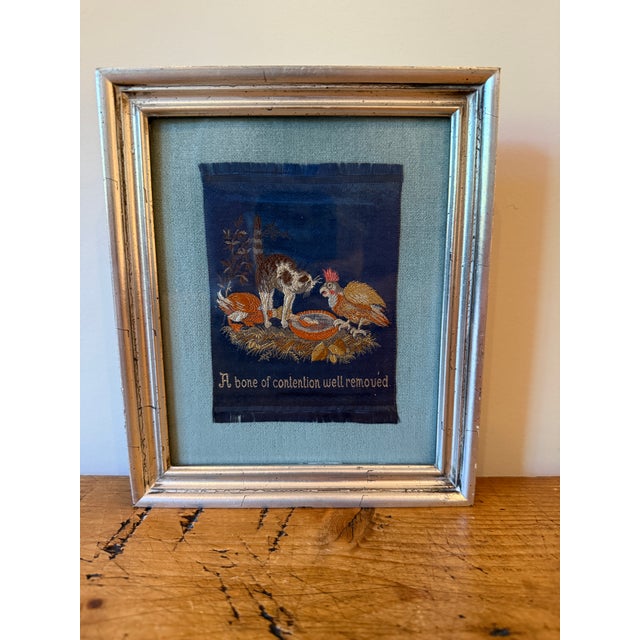Vintage Silk Woven/Embroidered Framed Art - Stevengraph? A charming woven silk piece of textile art depicting a cat & fowl...
