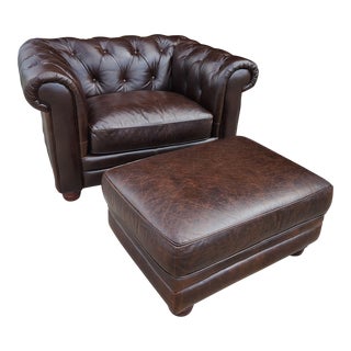 Vintage Bassett Full Grain Leather Chesterfield Chair & Ottoman For Sale