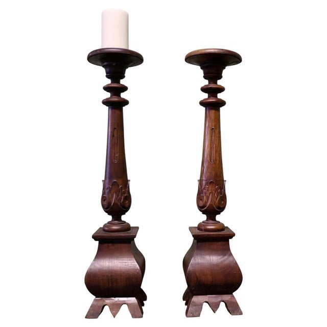 Tall Gothic Turned and Carved Wooden Candlesticks, 1960, Set of 2 For Sale - Image 6 of 6