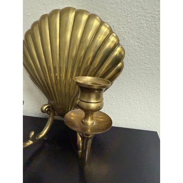 Mid-Century Hollywood Regency Brass Scallop Shell Double Candle Holder Wall Sconce For Sale - Image 4 of 12