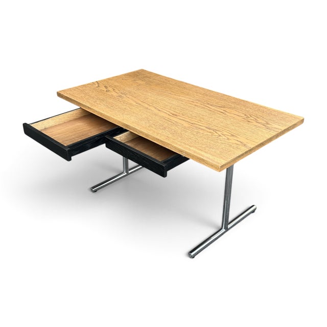 Vintage Mid-Century Modern Oak Writing Desk With Black Drawers & Chrome Base For Sale - Image 13 of 15