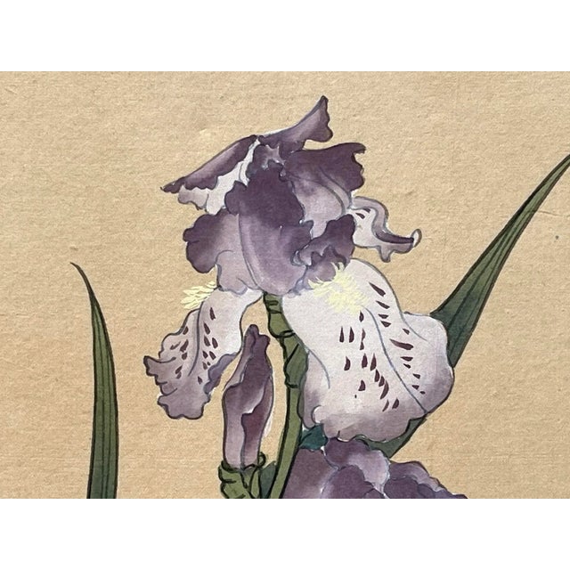 Vintage Original Chinese Watercolor Painting of Purple Iris Flowers and Butterflies on Silk For Sale - Image 10 of 10