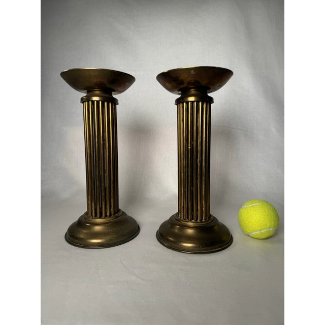Brass Hollywood Regency Column Brass Pillar Candle Holders, a Pair For Sale - Image 8 of 12
