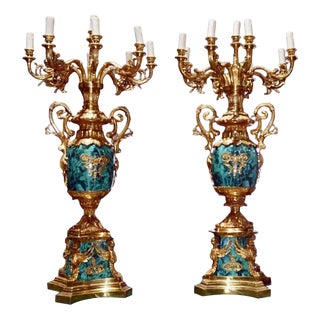 Gilt Empire Faux Malachite Candleholders, Set of 2 For Sale