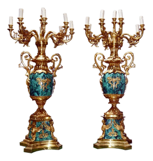 Gilt Empire Faux Malachite Candleholders, Set of 2