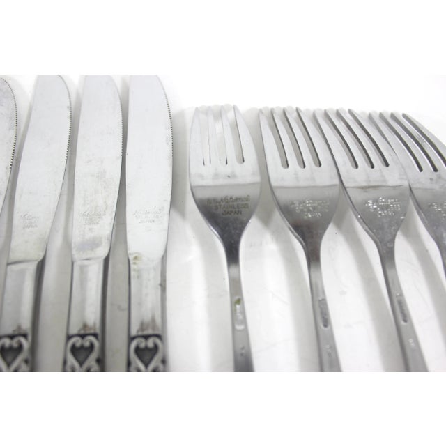 Silver 1960s Malta Japanese Mid Century Modern 4 Piece Setting for 4 Stainless Steel Black Detail Matching MCM Spoons Forks Knives 16 Pieces For Sale - Image 8 of 10